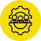 A black icon of three people inside a gearwheel is centered on a yellow circular background, symbolizing teamwork and the power to learn how to negotiate within mechanical or organizational contexts.