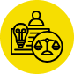 A black icon on a yellow circle shows a person, a document, a light bulb, and a scale of justice, symbolizing ideas, legal matters, and personal information—ideal for those wanting to learn how to negotiate in legal or personal contexts.