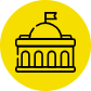 A simple black line drawing of a classical government or capitol building with a dome and flag, centered on a bright yellow circular background—perfect for those eager to learn how to negotiate in civic or political settings.