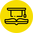 A black outline of a graduation cap above an open book is centered on a yellow circular background, representing the opportunity to learn how to negotiate effectively.
