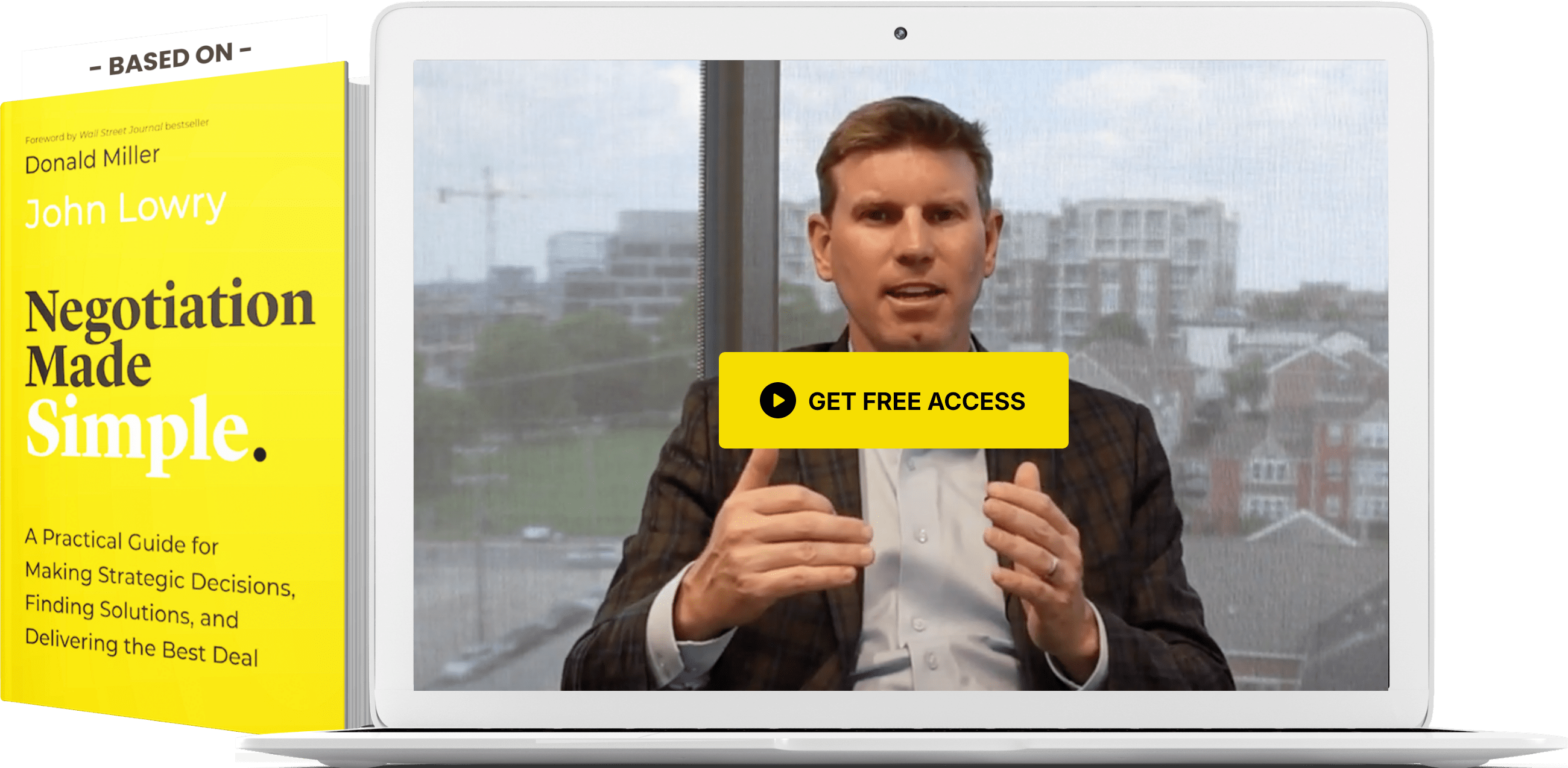 A man in a plaid jacket sits in front of a window with city buildings visible, gesturing as he discusses how to learn how to negotiate. On the left is a yellow book titled "Negotiation Made Simple" by John Lowry.